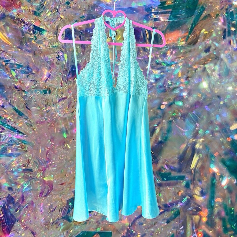 VTG Frederick’s of Hollywood Blue Satin Lace Dress Lingerie Size L Sexy Backless - Picture 2 of 11